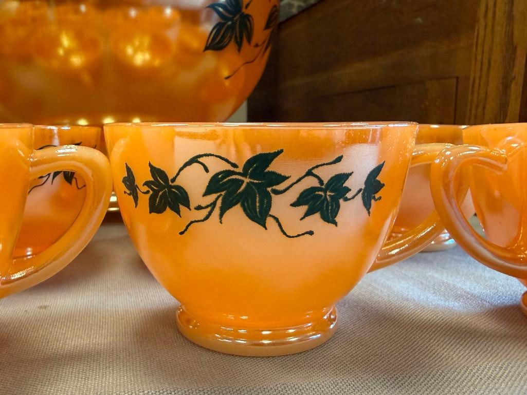 VINTAGE ANCHOR HOCKING / FIRE-KING PEACH LUSTRE IVY PUNCHBOWL AND MUGS - 8