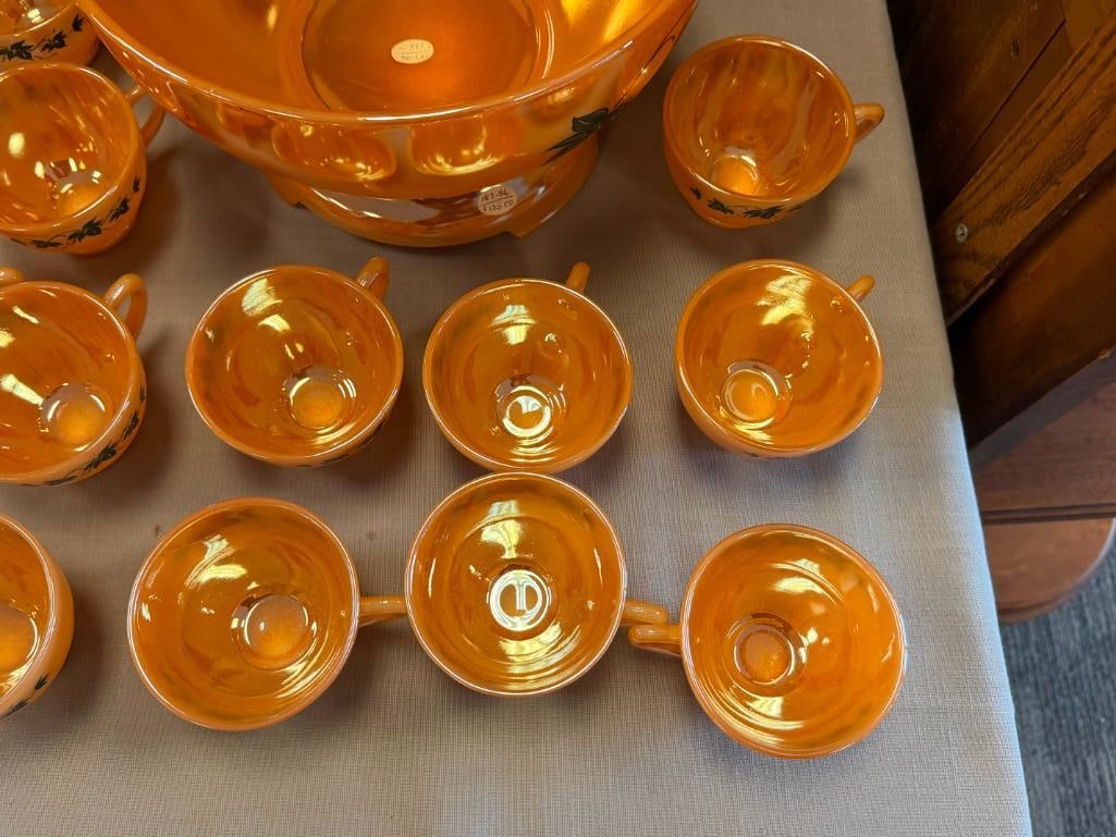 VINTAGE ANCHOR HOCKING / FIRE-KING PEACH LUSTRE IVY PUNCHBOWL AND MUGS - 9
