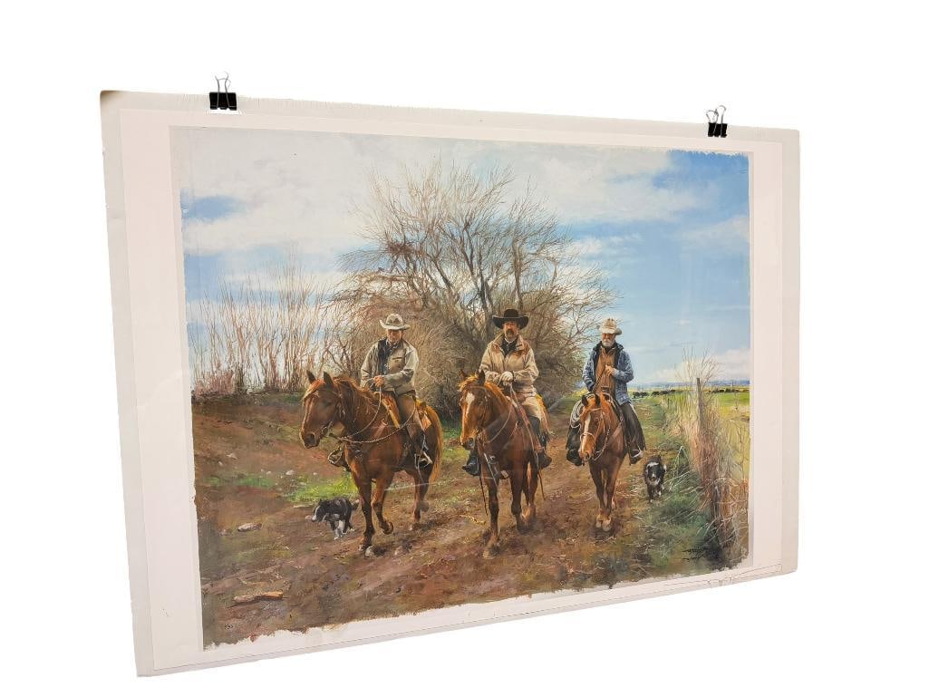 SIGNED WESTERN THEMED COWBOY PRINT OF THREE COWBOYS ON HORSEBACK WITH THEIR CATTLE DOG ALONGSIDE: SIGNED BY ARTIST BUT ARTIST IS ILLEGIBLE, NUMBERED 3/50, WRAPPED WITH POSTER BOARD 30" X 22" FRAME