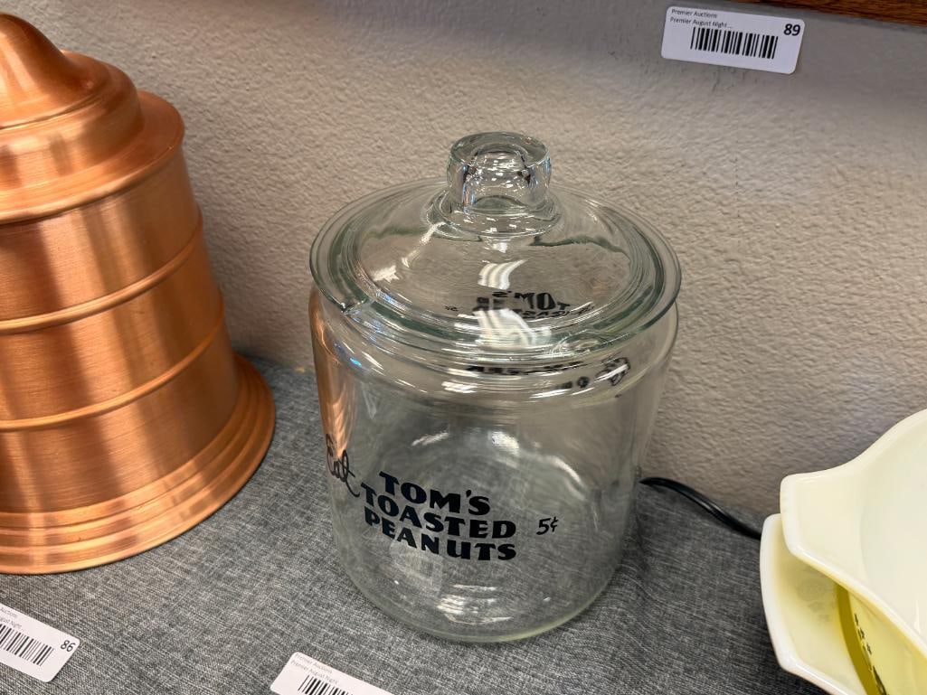 VINTAGE COUNTER TOP STORE GLASS PEANUT JAR TOM'S TOASTED PEANUTS 5 CENT - 2