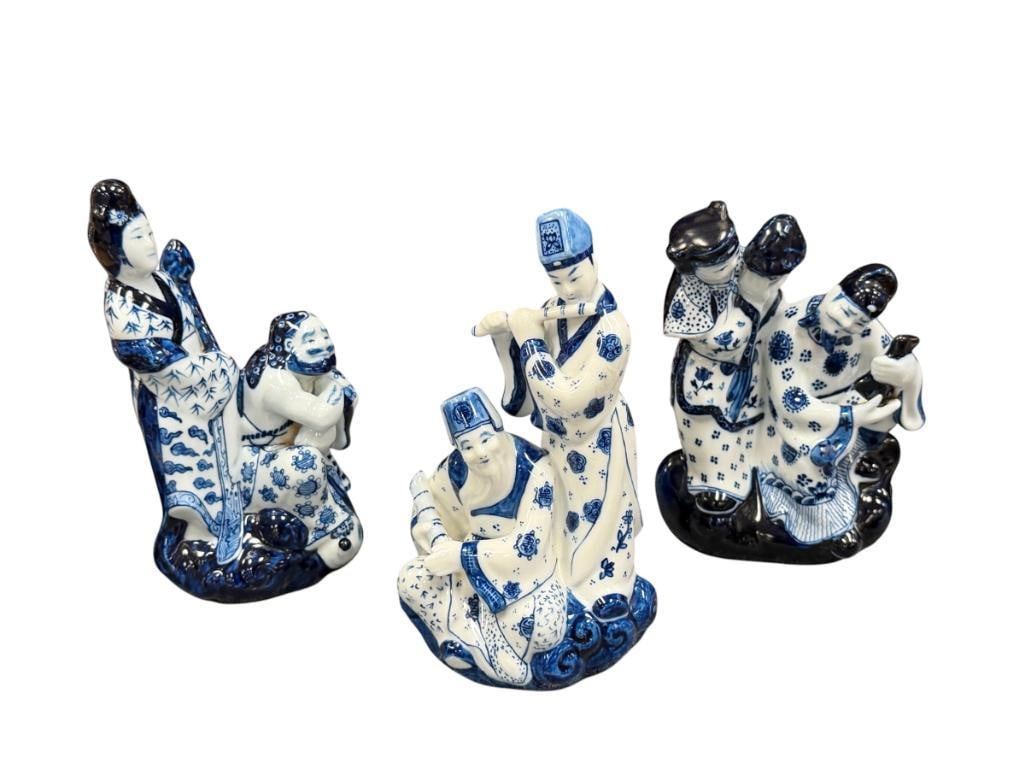 VINTAGE BLUE AND WHITE CHINESE PORCELAIN FIGURINES: FIGURINES DEPICT FEMALE AND MALE MUSICIANS IN DECORATIVE ATTIRE, NO CHIPS OR CRACKS 6", 6 5/8", AND 6 7/8" H