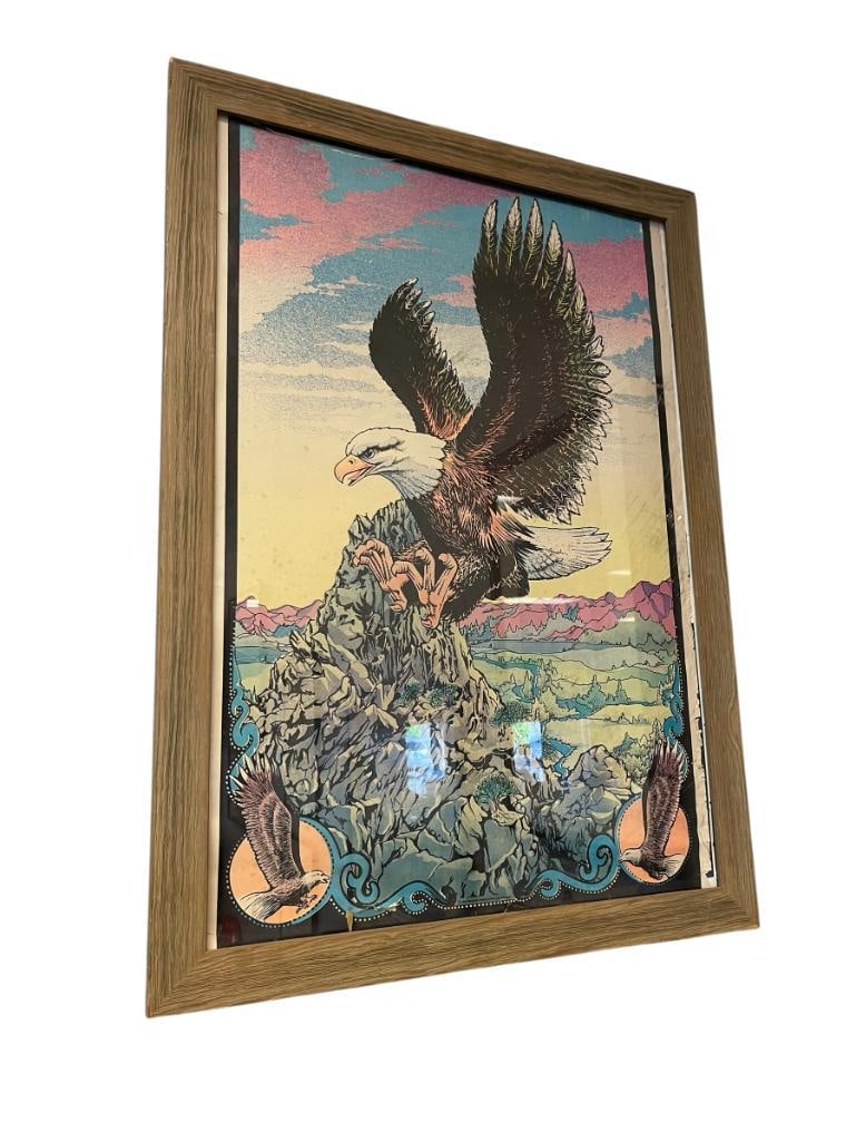1976 MONARCH PUBLICATIONS PSYCHEDLIC POSTER OF AN EAGLE WITH LANDSCAPE BACKGROUND: HAS DAMAGE ALONG THE EDGES, FRAMED 26 1/2" X 37" FRAME