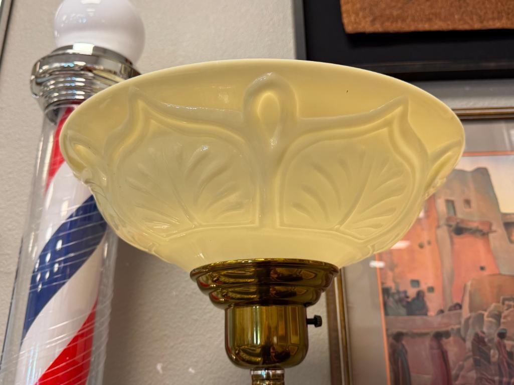 VINTAGE BRASS TORCHIERE FLOOR LAMP WITH PLASTIC RELIEF SHADE - 2