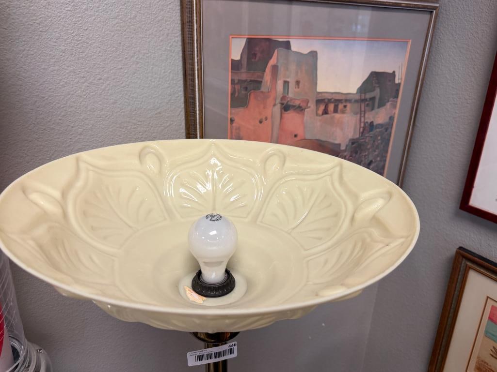VINTAGE BRASS TORCHIERE FLOOR LAMP WITH PLASTIC RELIEF SHADE - 4