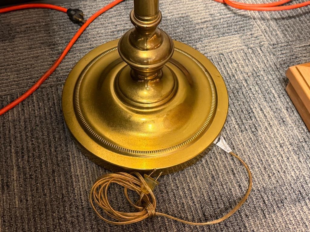 VINTAGE BRASS TORCHIERE FLOOR LAMP WITH PLASTIC RELIEF SHADE - 5