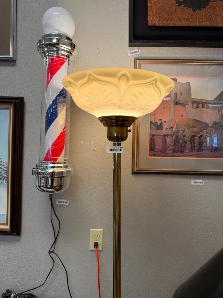 VINTAGE BRASS TORCHIERE FLOOR LAMP WITH PLASTIC RELIEF SHADE - 6