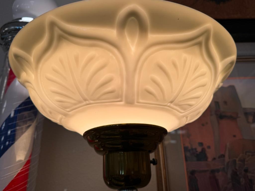VINTAGE BRASS TORCHIERE FLOOR LAMP WITH PLASTIC RELIEF SHADE - 7