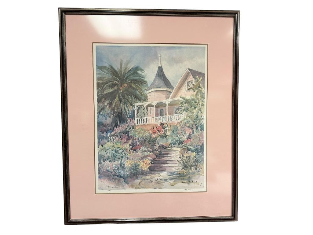 SALLY BOOKMAN SIGNED AND NUMBERED LIMITED-EDITION PRINT FEATURING VICTORIAN STYLE HOME: PRINT FEATURES AN ABUNDANCE OF MULTI-COLORED FLOWERS AND FOLIAGE, SIGNED BY ARTIST AND NUMBERED 109/500, FRAMED AND MATTED 27" X 32" FRAME
