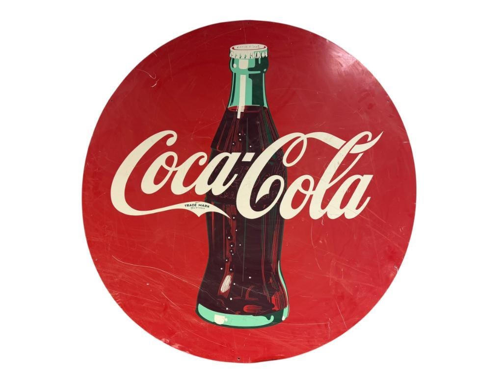 1990'S LARGE COCA COLA CLASSIC RED AND WHITE CIRCULAR METAL SIGN CLASSIC SODA BOTTLE GRAPHIC (1 of 6)