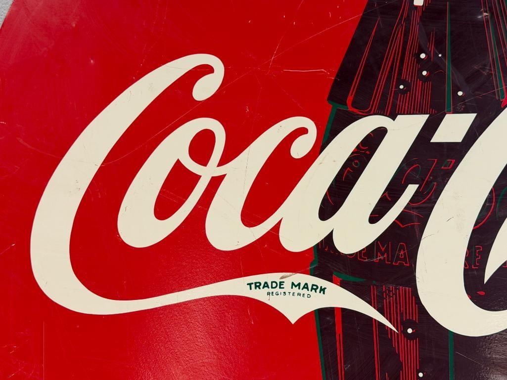 1990'S LARGE COCA COLA CLASSIC RED AND WHITE CIRCULAR METAL SIGN CLASSIC SODA BOTTLE GRAPHIC - 3