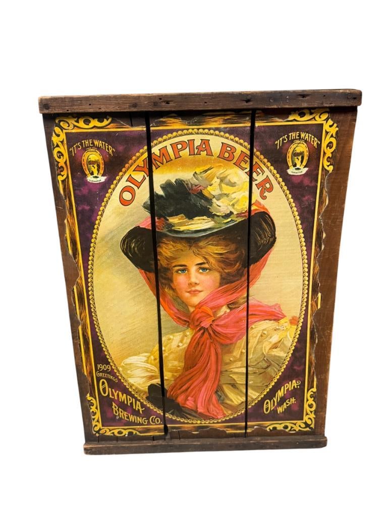 VINTAGE OLYMPIA BEER WOODEN BARN WOOD DESIGN BEER ADVIERTISEMENT BEER SIGN: FEATURING PORTRAIT OF VICTORIAN WOMAN IN DECORATIVE HAT AND CLASSIC "IT'S WATER SLOGAN" 17" X 24"