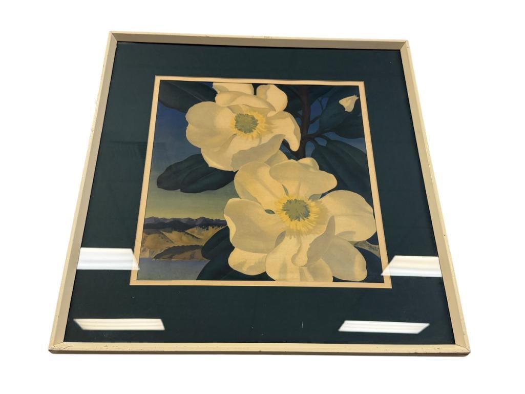 HAINES HALL MID-CENTURY ARTIST FLORAL PRINT: LARGE WHITE FLOWERS WITH LANDSCAPE IN THE BACKGROUND, PLATE SIGNED LOWER LEFT, FRAMED 26 1/2" X 27 1/2" FRAME
