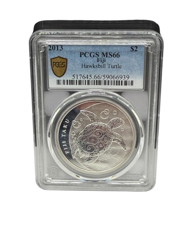 2013 FIJI HAWKSBILL TURTLE COMMEMORATIVE TWO DOLLARS .999 FINE SILVER COIN PCGS MS66: "FIJI TAKU," WITH EXCEPTIONAL DETAIL, NEW ZEALAND MINT 1 TROY OUNCE 
