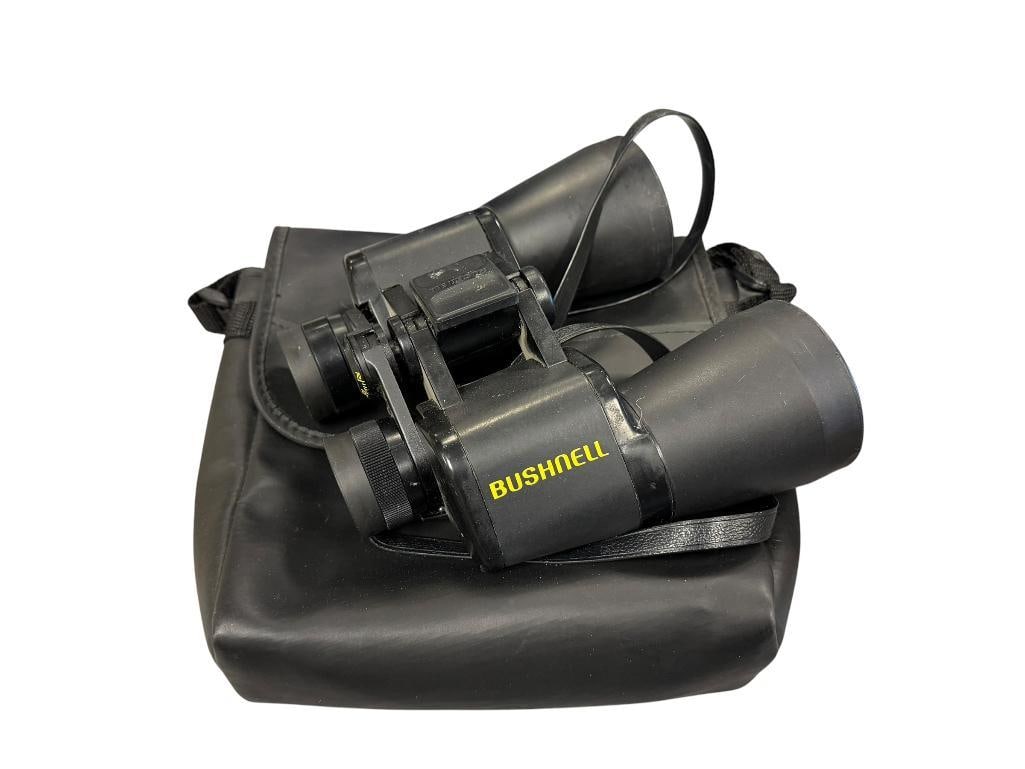 BUSHNELL 10X50 RUBBER COATED BINOCULARS: INCLUDES TWO LENS CAPS PLUS BUSHNELL STORAGE POUCH 6 5/8" H