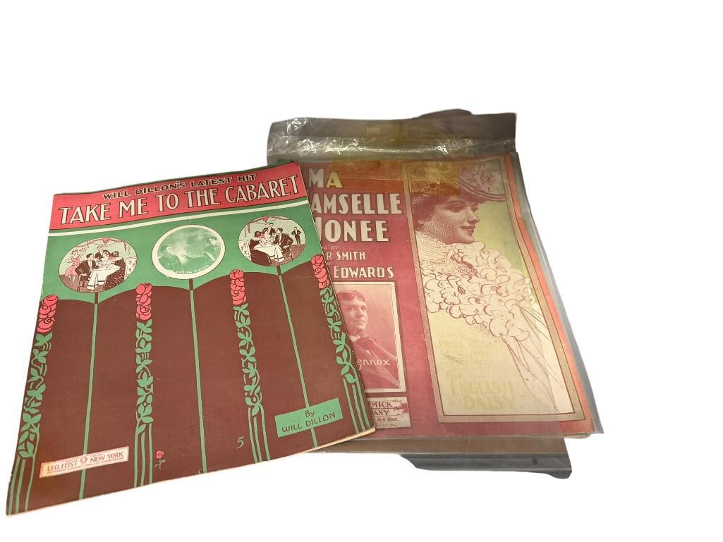 SEVEN PIECES OF ASSORTED SHEET MUSIC FROM THE EARLY 1900'S: INCLUDES WILL DILLON'S "TAKE ME TO THE CABARET," "MY WIFE'S GONE TO THE COUNTRY! HURRAH! HURRAH!" BY GEO WHITING AND TED SNYDER, VARIOUS PUBLISHERS, FAIR CONDITION 10 1/2" X 13 1/2"