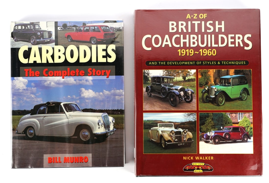 COACHBUILDING: Two hardcover books detailing coachbuilding and carbodies: COACHBUILDING: Two hardcover books detailing coachbuilding and carbodies including 'A-Z OF BRITISH COACHBUILDERS' by Nick Walker, published 1997 by Bay View Books Ltd, 208 pages, with 'CARBODIES - The