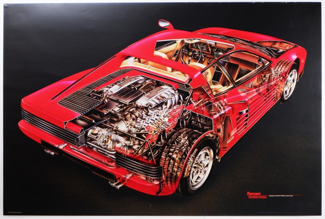 TESTAROSSA: A 1985 Ferrari Testarossa cutaway poster as illustrated for MOTOR TREND by D.Kimble (1 of 1)