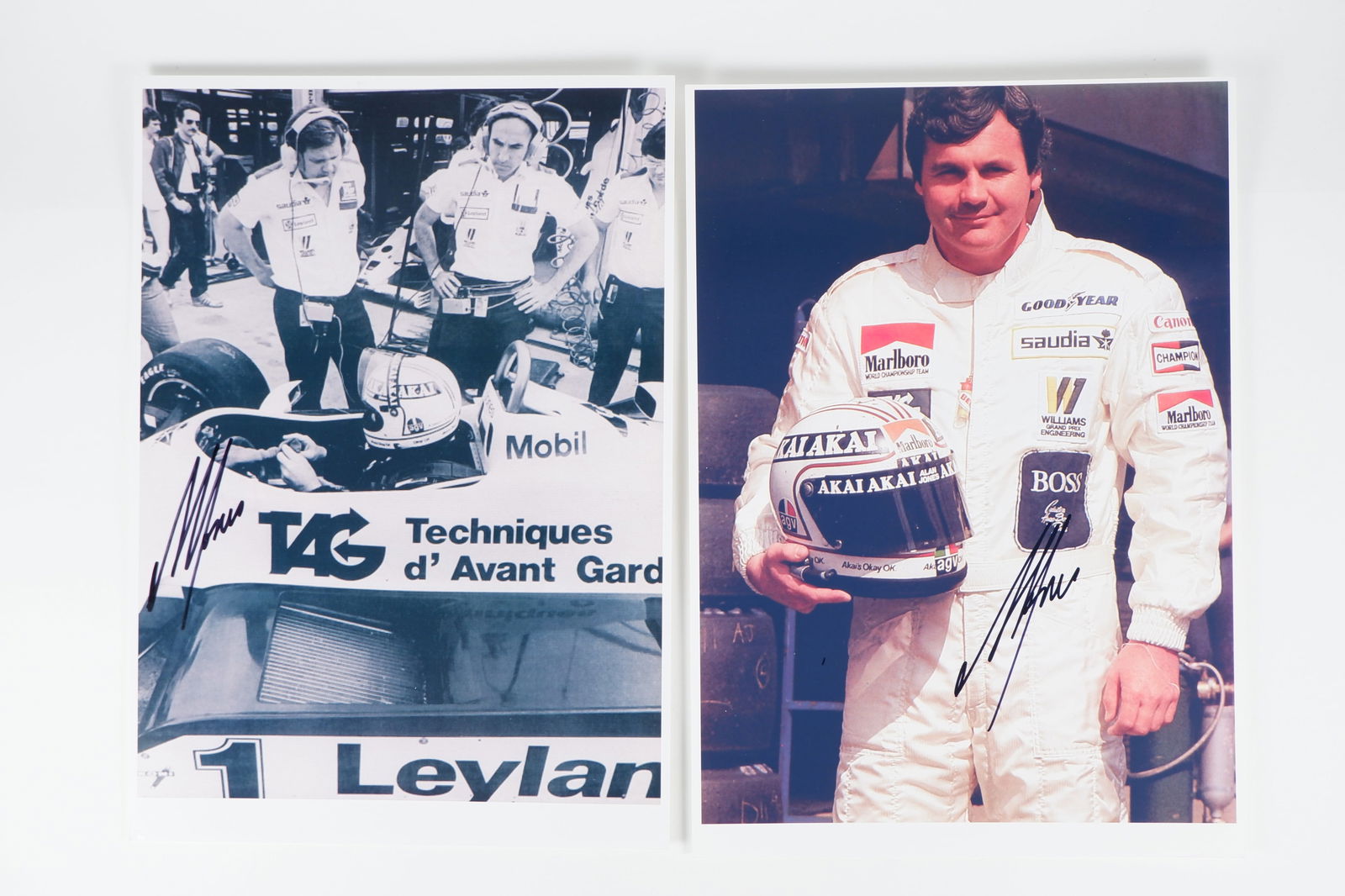 JONES: Two Alan Jones images. FW07C-Ford Cosworth & Driver Portrait images. A.J signatures: JONES: Two images associated with Alan Jones including a black and white image of Alan Jones sitting in the drivers cockpit of a FW07C-Ford Cosworth, with early 1980s colour portrait image of Jones, b
