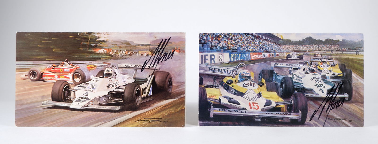 JONES: Two cards with artwork by Michael Turner featuring Alan Jones. Alan Jones signatures: JONES: Two cards with artwork by Michael Turner featuring Alan Jones, one a Studio 88 Design card with image of Jones driving to victory at 1979 Dutch Grand Prix, Zandvoort, with other image of Jones