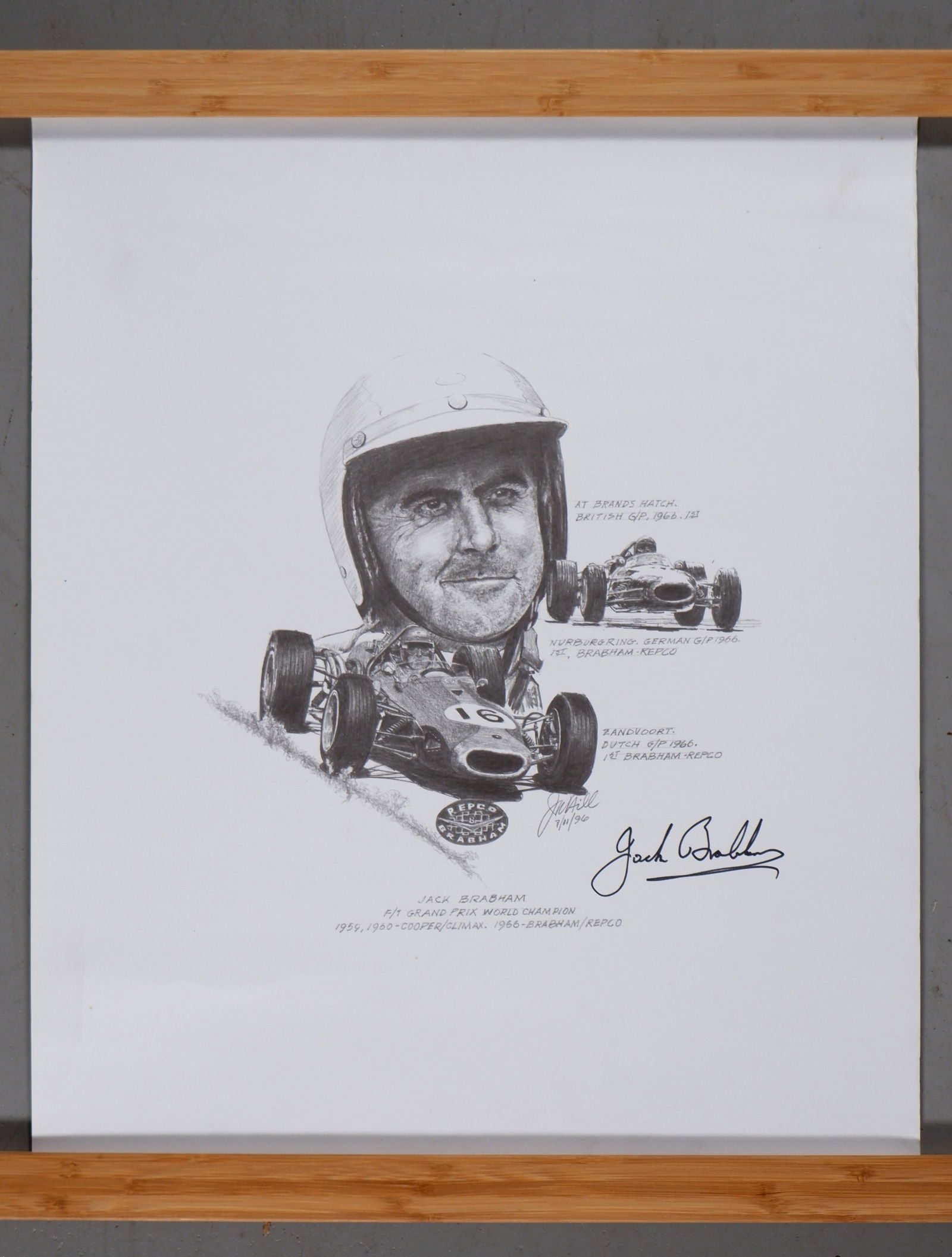 BRABHAM: A poster sketch depicting Sir J.Brabham & the Brabham racing cars. Brabham signature & note: BRABHAM: A collage poster sketch by depicting World Champion Sir Jack Brabham and the Brabham Repco racing cars, poster signed by Sir Jack Brabham in black, slight creasing to poster edges, interestin