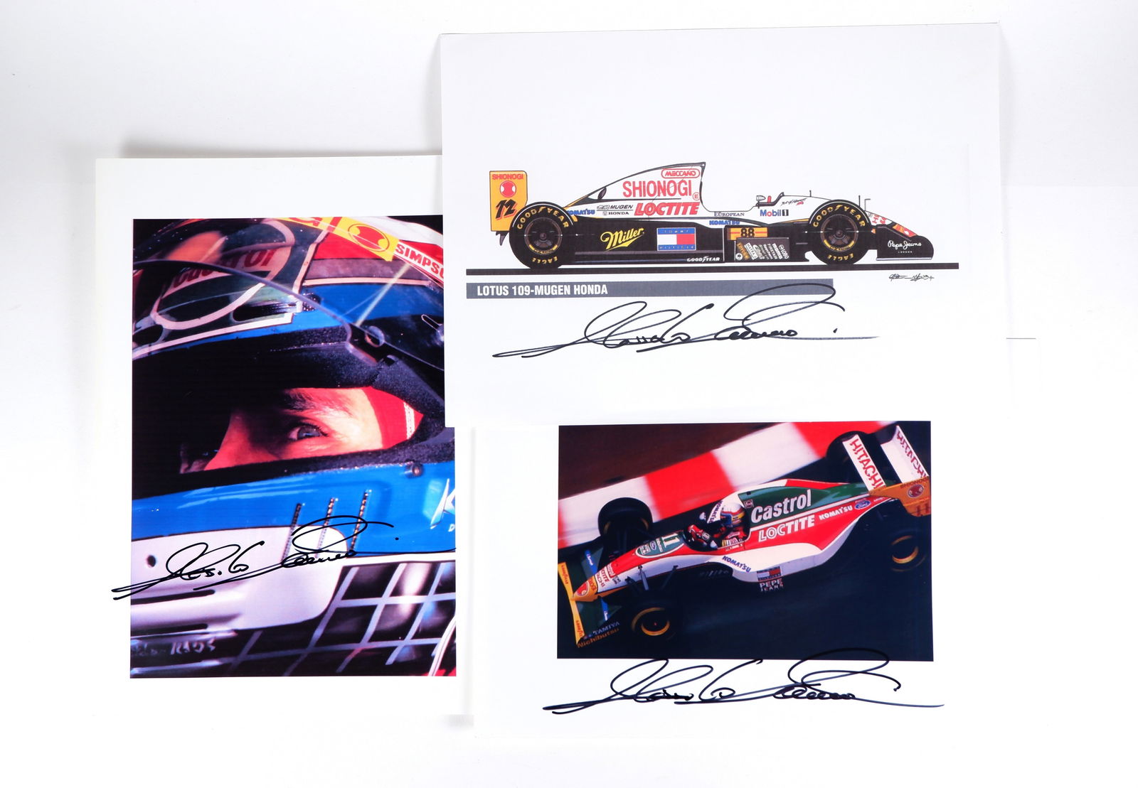 ZANARDI: Alex Zanardi items. Lotus 109-Mugen Honda & Lotus 107B Ford images. Zanardi signatures (1 of 4)