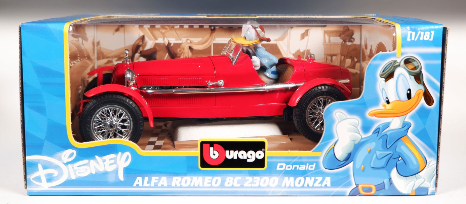 DISNEY: A rare Bburago 1:18 scale Disney ALFA ROMEO 8C 2300 MONZA with Donald Duck figurine (1 of 2)