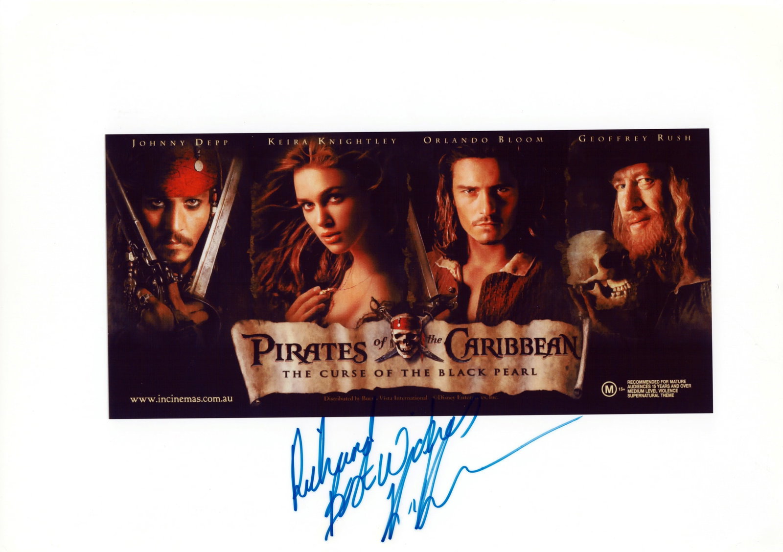 KEIRA KNIGHTLEY: An image signed to front in blue marker pen by Keira Knightley: KEIRA KNIGHTLEY: An image of a poster for the Pirates of the Caribean, signed to front in blue marker pen by Keira Knightley, photographic paper, image measures 21 x 29.5cm overall