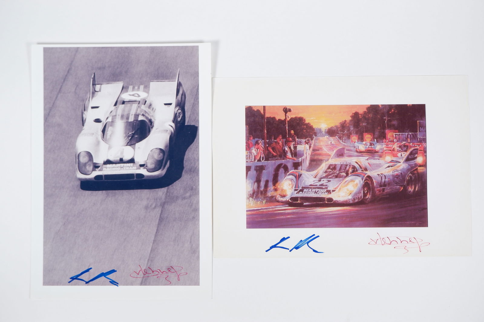 PORSCHE: Items associated with Helmut Marko, Gijs van Lennep, 1971. Marko & van Lennep signatures: PORSCHE: Two items associated with Helmut Marko, Gijs van Lennep and Porsche, including a reproduced colour illustration featuring Marko and van Lennep racing to victory at Le Mans, 1971, in a Porsche