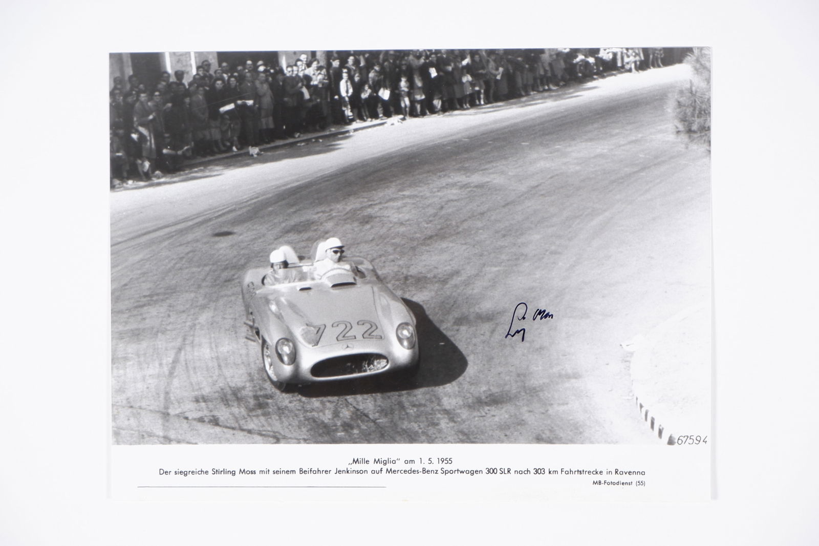 MOSS: Picture depicting Moss/Jenkinson racing a M.B 300 SLR, 1955 Mille Miglia. Moss signature (1 of 2)