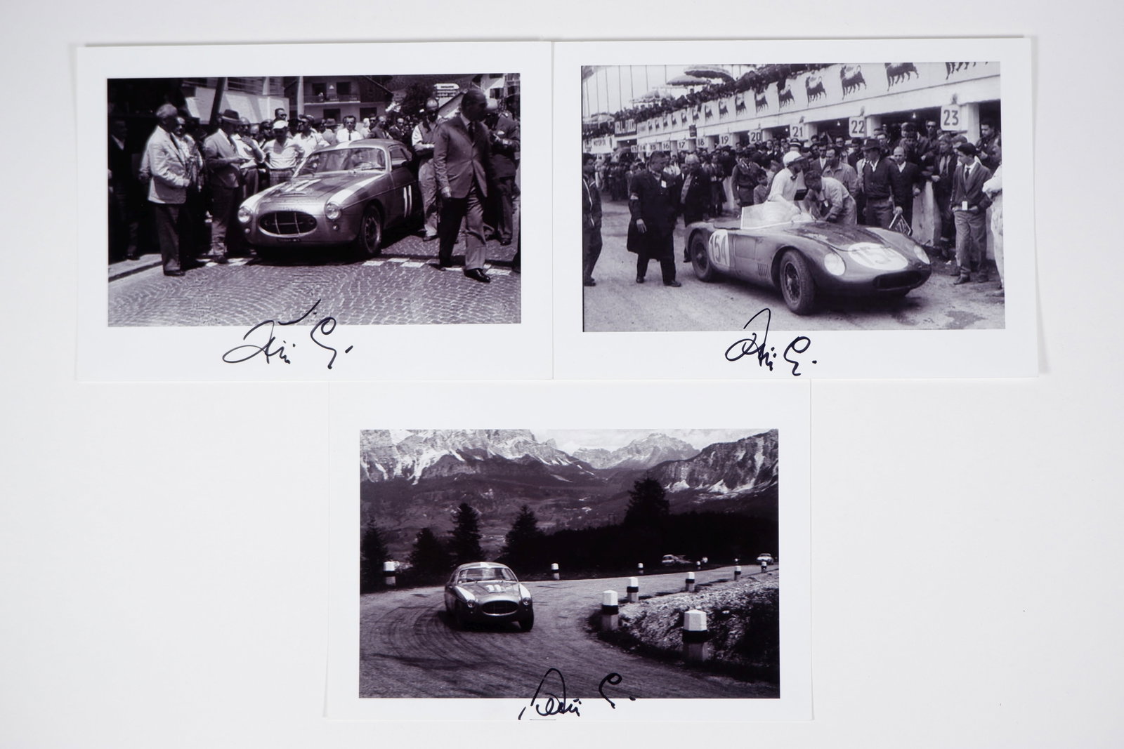 MANFREDINI: Images of Manfredini racing a 250 Zagato G.T & Siata 1250 GT. Manfredini signatures: MANFREDINI: Three black and white images of Corrado Manfredini racing various cars in different road events including a 1956 Coppa D'Oro Delle Dolomiti image of Manfredini in a 1250 Zagato G.T, an ima