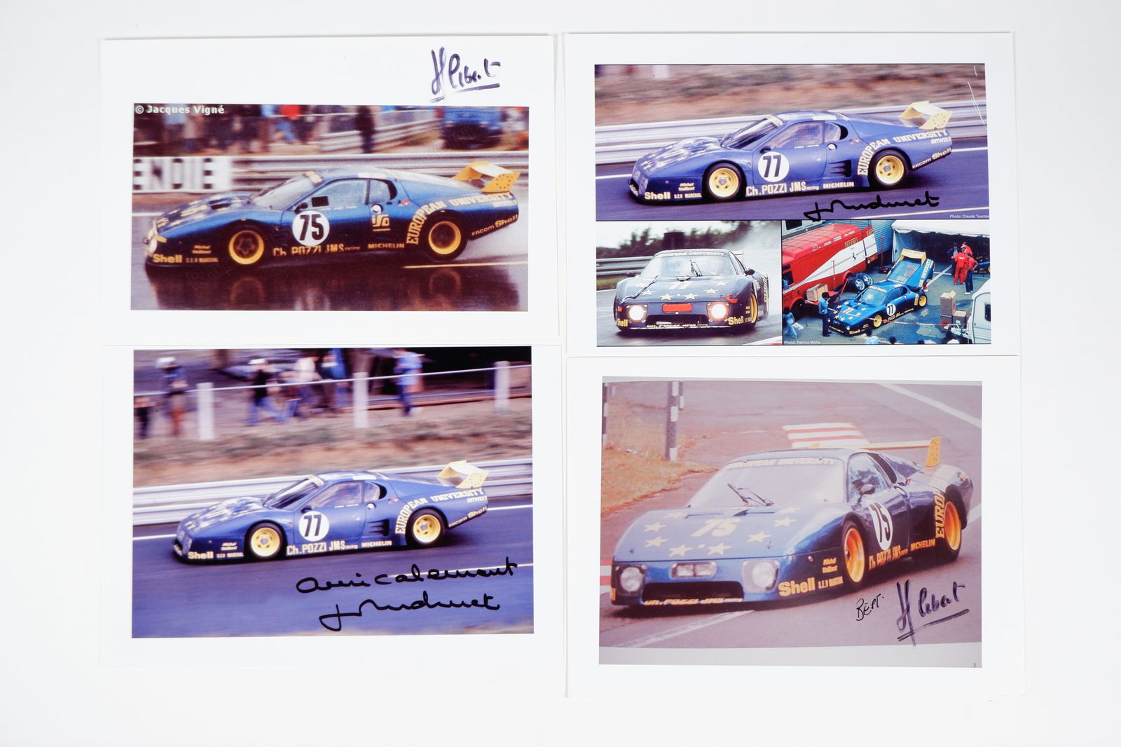 LE MANS 80/BB 512: Images related to Le Mans, 1980 & Ferrari 512 BB/LM. Andruet & Libert signatures: LE MANS 80/BB 512: Three images related to Le Mans, 1980 and the Ferrari 512 BB/LM including two images of #77 the CH.POZZI car of Jean-Claude Andruet and Claude Ballot-Lena, both images signed by And