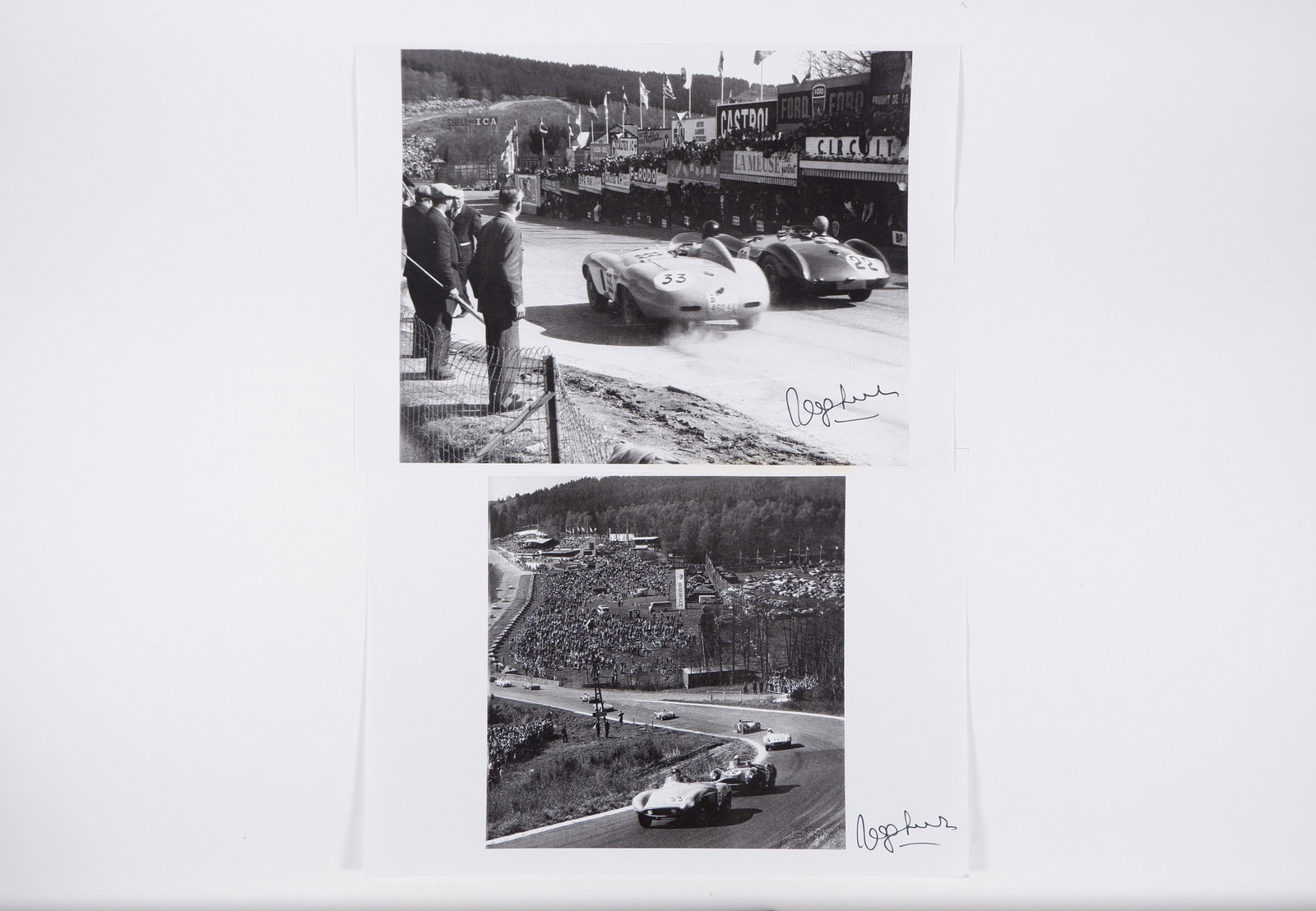 SWATERS: Images of Jacques Swaters racing the Ferrari 750 Monza at Spa, 1955. Swaters signatures: SWATERS: Two black and white images on paper of Jacques Swaters racing the Ferrari 750 Monza at Spa, 1955, images signed by Swaters; images measure approximately 29.5cm wide, 21cm high overall.
