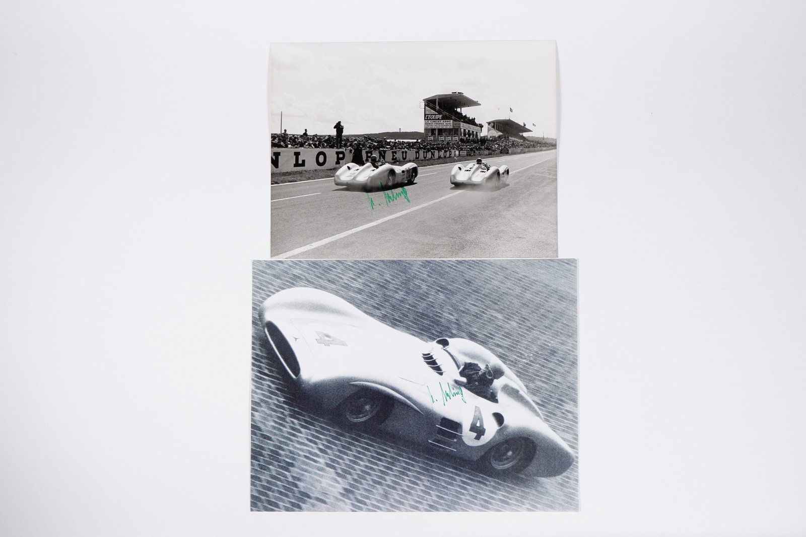KLING: Images featuring K.Kling. Image of Kling & Fangio at the 1954 French G.P. Kling signatures: KLING: Two black and white images featuring Karl Kling including a Mercedes Benz-Foto (54 083/7) depicting Karl Kling and Juan Manuel Fangio at the 1954 French Grand Prix, Reims, with paper copy of Kl