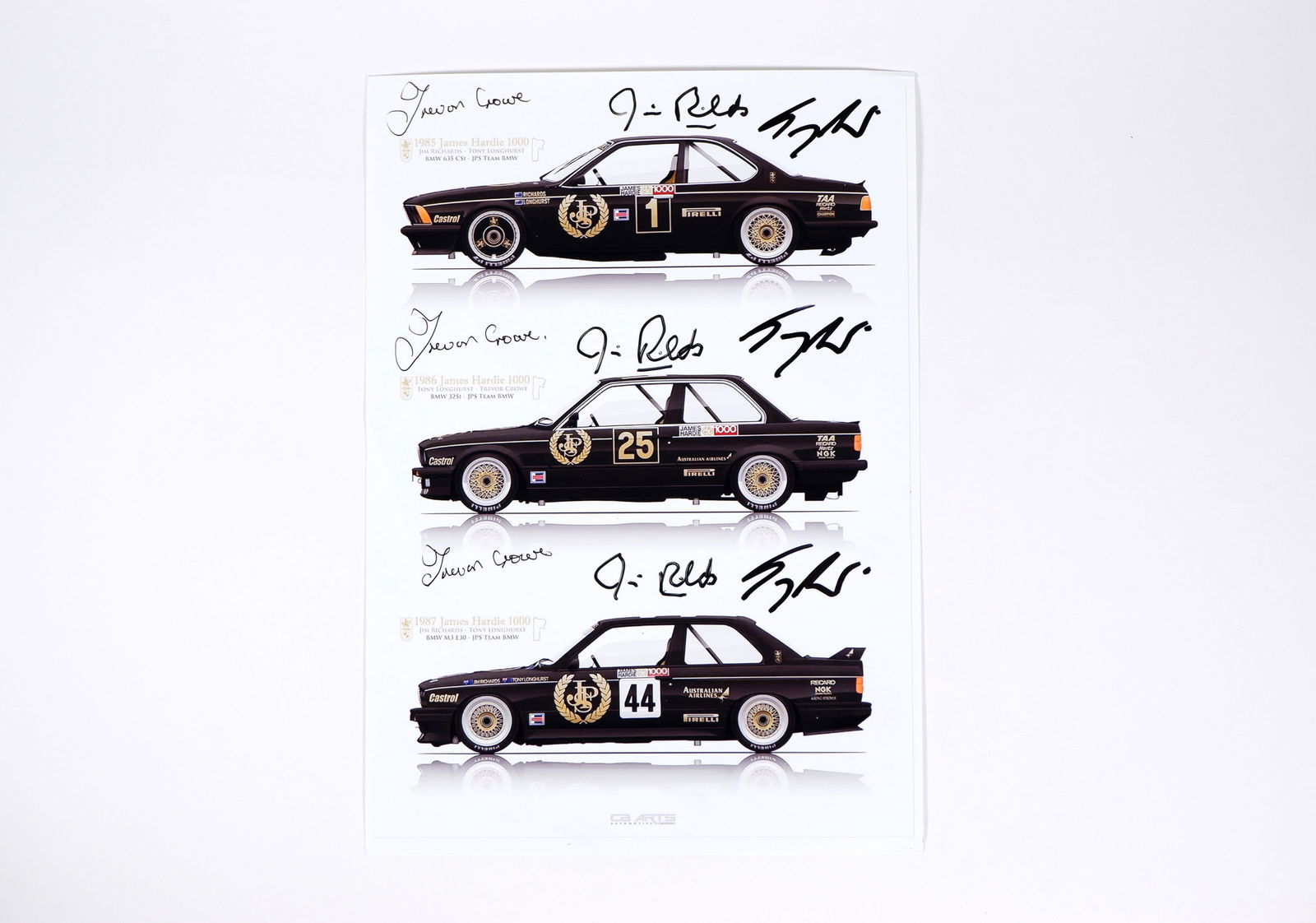 JPS BMW: A sheet with images of the 'JPS TEAM BMW' cars. Crowe, Longhurst & Richards signatures (1 of 1)