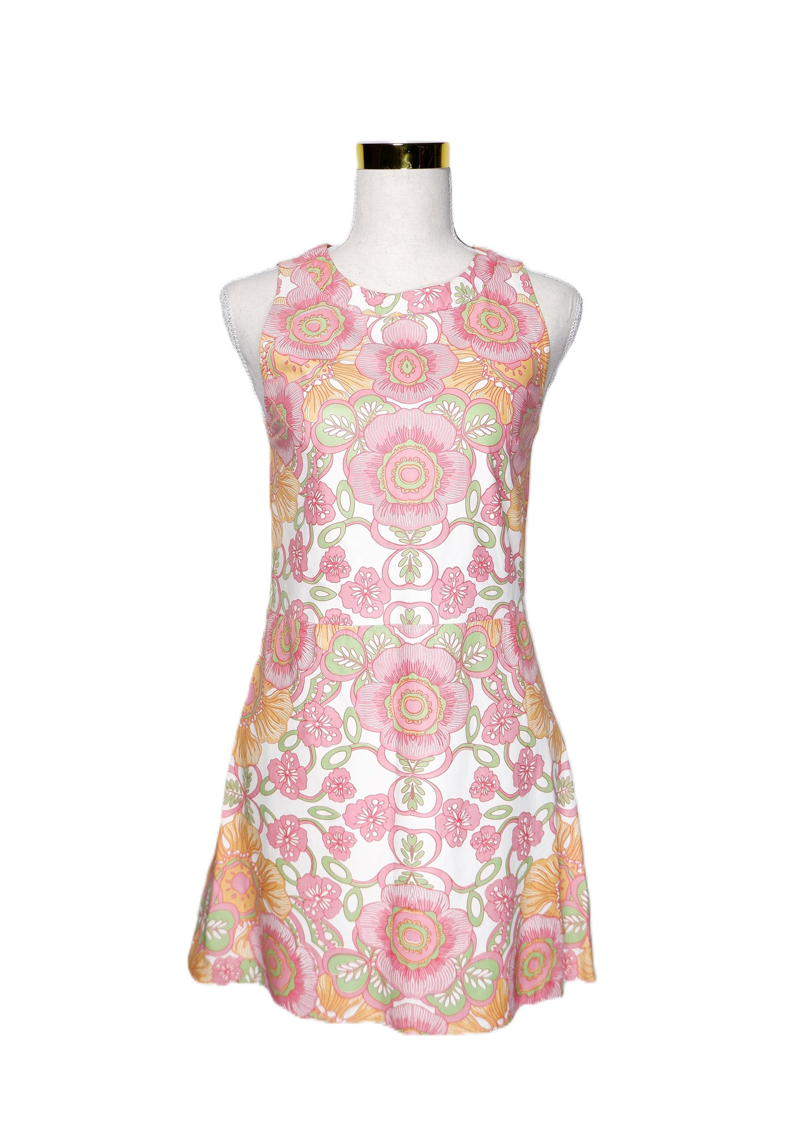 A leather go-go style mini dress by Shakuhachi, Australian: with a repeating print in green, pink and orange. Good condition, the lamb leather supple. Size 8 Condition Good condition. Please note: These pieces are antique, vintage, or pre-loved, and may show s