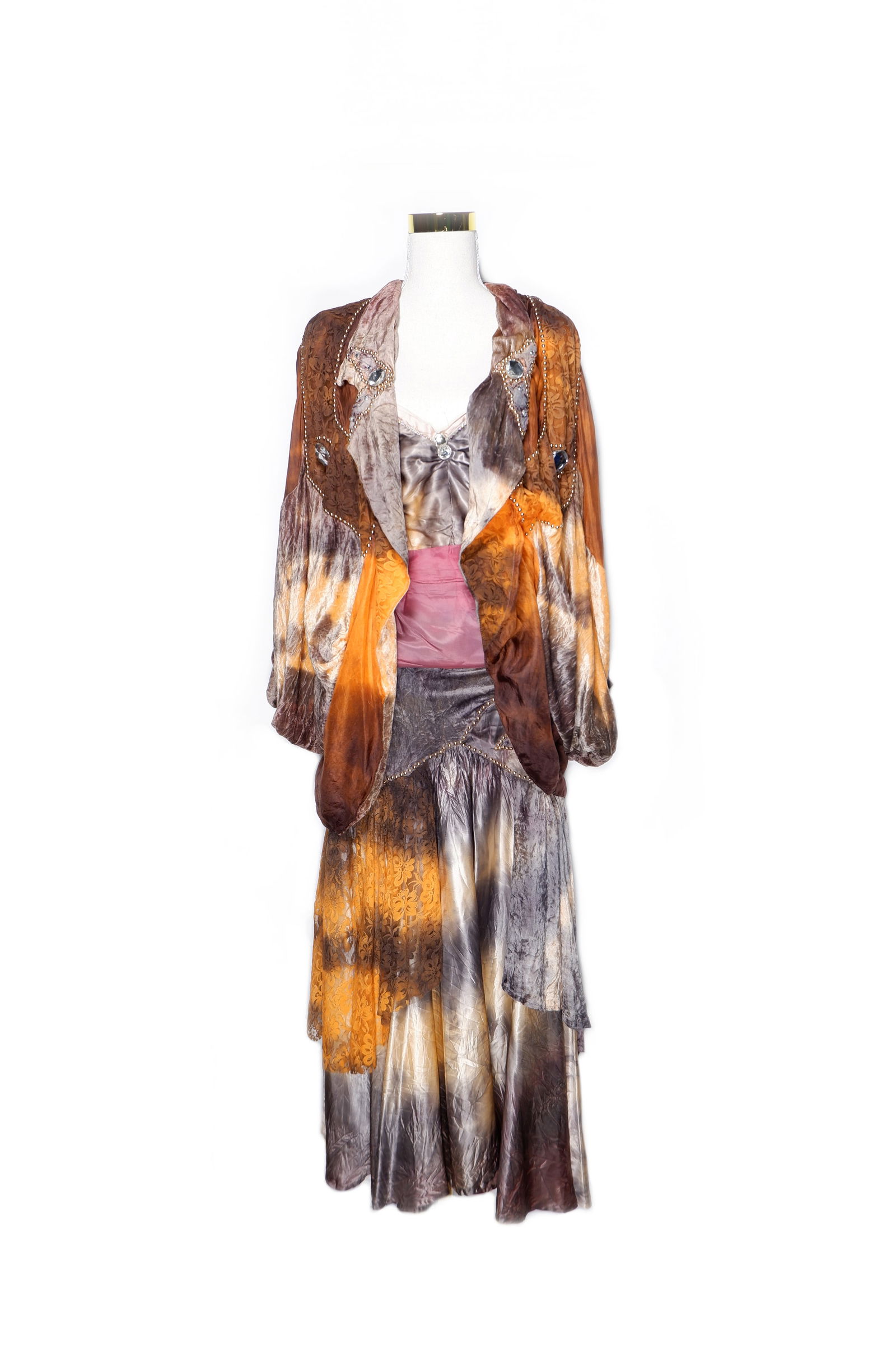 A unique tie-dyed silk, velour and lace skirt set, French circa 1980s (1 of 2)