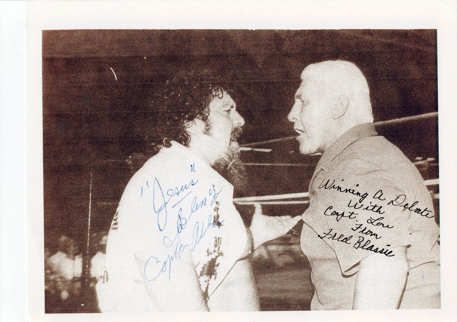CAPTAIN LOU ALBANO & FRED BLASSIE: A signed image of Captain Lou Albano and Fred Blassie: CAPTAIN LOU ALBANO AND FRED BLASSIE: A black and white image of Captain Lou Albano and Fred Blassie, signed and personalised to front in blue pen by Captain Lou Albano and Fred Blassie, black and whit