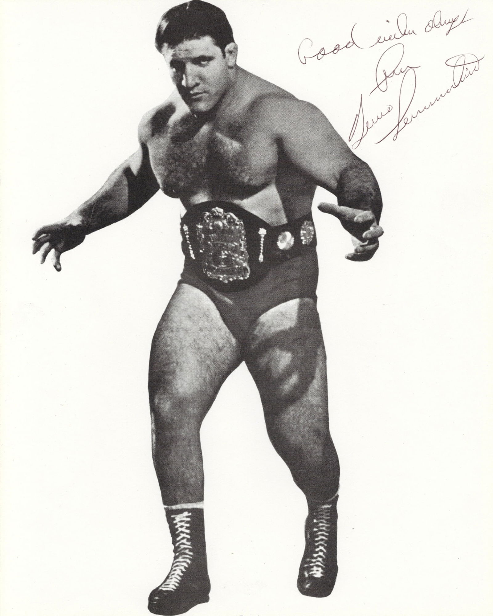 BRUNO SAMMARTINO: A framed image of Bruno Sammartino signed and personalised by Bruno Sammartino: BRUNO SAMMARTINO: A framed image of Bruno Sammartino, signed and personalised to front in blue pen by Bruno Sammartino, framed image measures 21.5 x 26.5cm overall