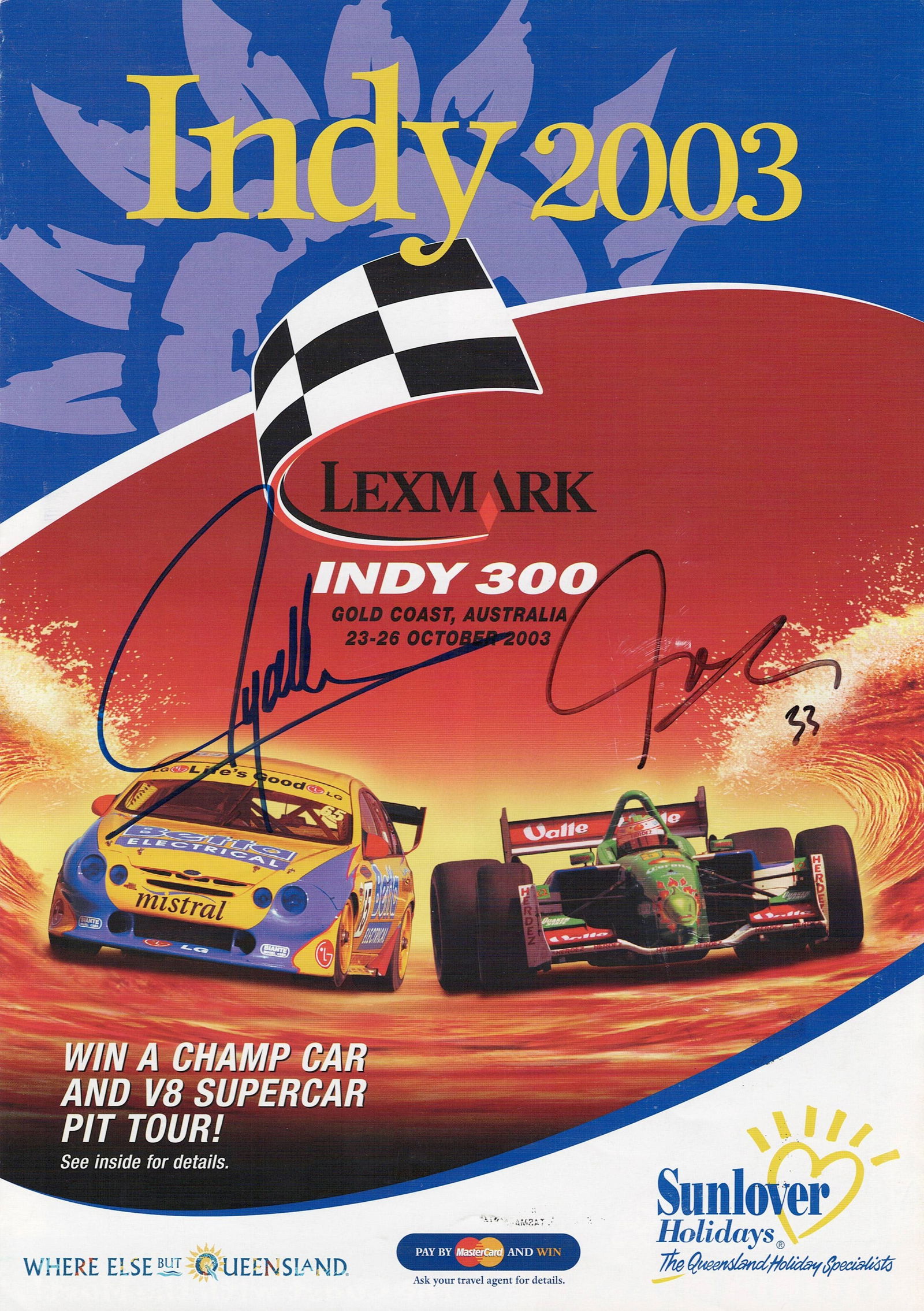 INDY 2003: A Indy 2003 'LEXMARK INDY 300' four page information brochure. Alex Tagliani signature (1 of 1)