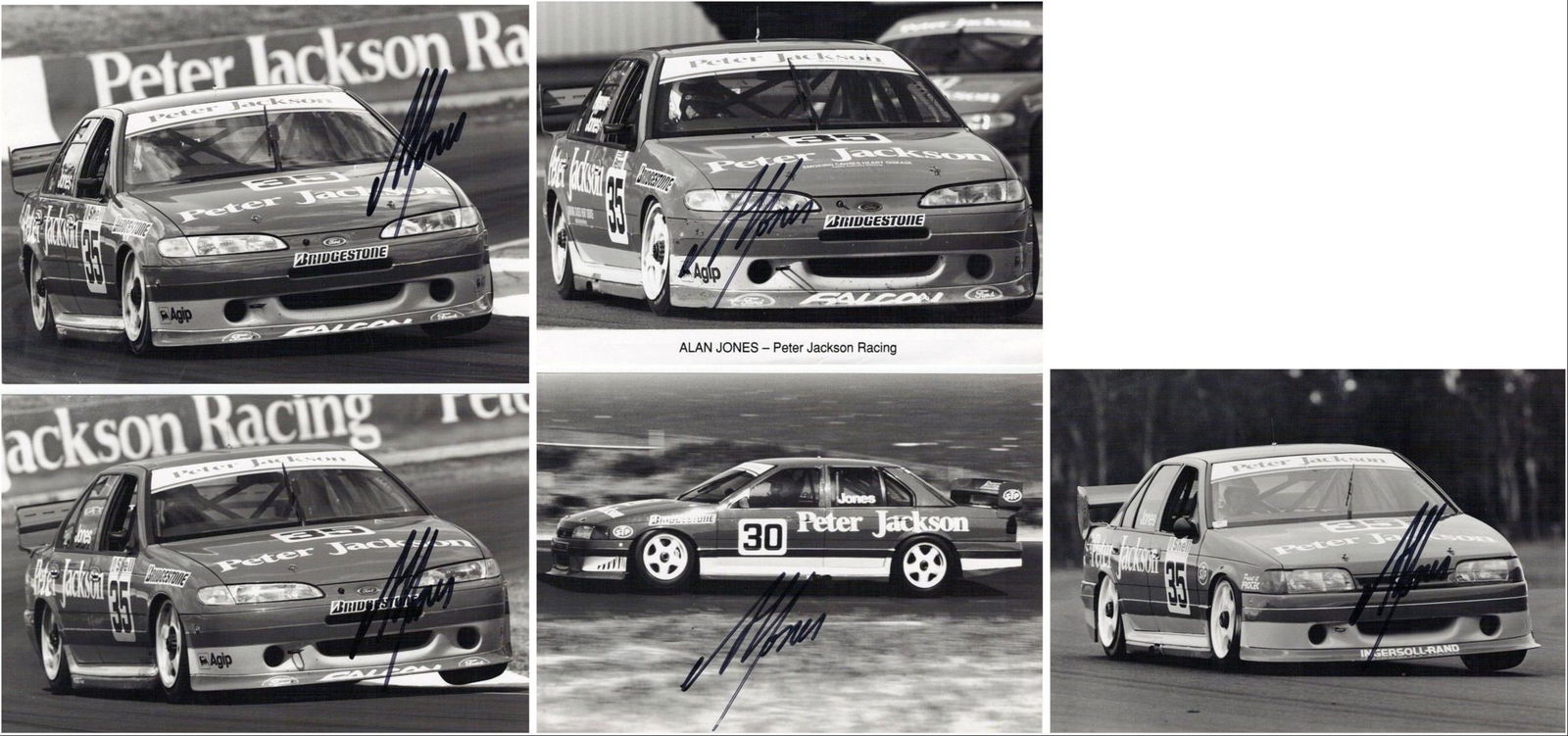 JONES: Images featuring Alan Jones racing the Peter Jackson EB Ford Falcon. Alan Jones signatures: JONES: A collection of black and white images featuring Alan Jones racing the Peter Jackson EB Ford Falcon, all images signed by Jones in black marker; on thick stock paper, images measure approximate