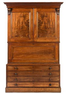 A rare and unusual flame mahogany lawyers brief chest on chest, English, 19th century: A rare and unusual flame mahogany lawyers brief chest on chest, the two cabinet doors above a fall front bureau on a chest of four document drawers, English, 19th century, 202cm high, 133cm wide, 54cm