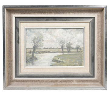 TONY JOHNSON (Britain, Australia, New Zealand, 1941-) Fishing On The Banks (Untitled): TONY JOHNSON (Britain, Australia, New Zealand, 1941-)&nbsp; Fishing On The Banks (Untitled)&nbsp; oil on board&nbsp; signed lower right: JOHNSON&nbsp; 15 x 23cm