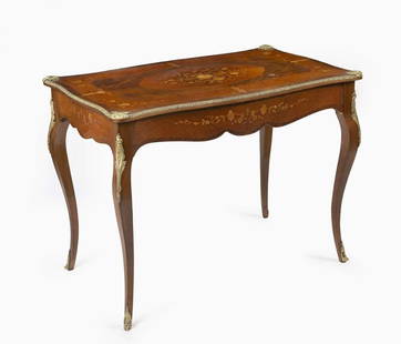 A Louis XV style gilt bronze and marquetry inlaid centre table, French, 19th century: A Louis XV style gilt bronze and marquetry inlaid centre table, French, 19th century