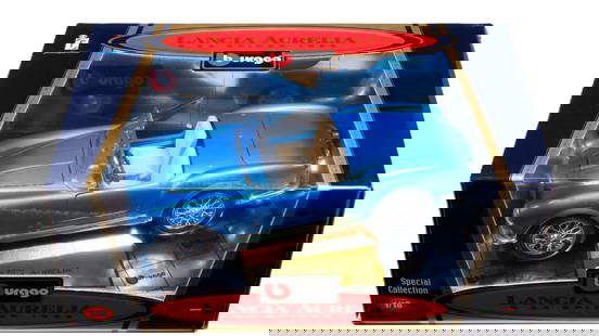 LANCIA: A Bburago 'Special Collection' 1/18 LANCIA AURELIA B24 SPIDER, 1955. Metallic blue body: LANCIA: A Bburago 'Special Collection' 1/18 LANCIA AURELIA B24 SPIDER, 1955 (cod. 3010), metallic blue body, off-white seats, opening features, steerable wheels; model attached to stand within origina