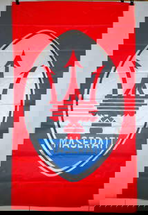 MASERATI: A MASERATI banner. 140cm high, 86cm wide: MASERATI: A MASERATI banner, banner with straps; banner with measurements of 140cm high, 86cm wide.