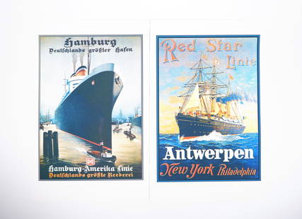 SHIPPING: Two reproduced shipping posters. 'Hamburg-Americka Linie' & 'Red Star Line' posters: SHIPPING: Two reproduced shipping promotional posters, one for 'Hamburg-Americka Linie' other for 'Red Star Line', both printed on linen; each measures approximately 28cm wide, 43cm high overall.