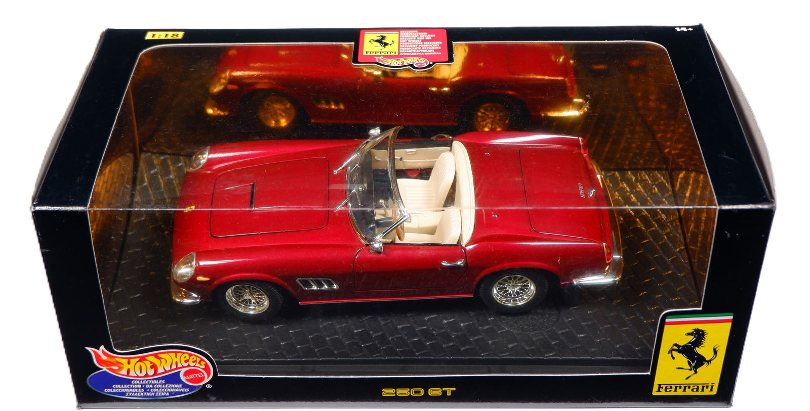 250 GT: A 1:18 scale HOT WHEELS Ferrari 250 GT. Burgundy: 250 GT: A 1:18 scale HOT WHEELS Ferrari 250 GT, burgundy, off-white interior, opening features, engine detail, steerable wheels; with original outer box, model attached to black base, with warranty.