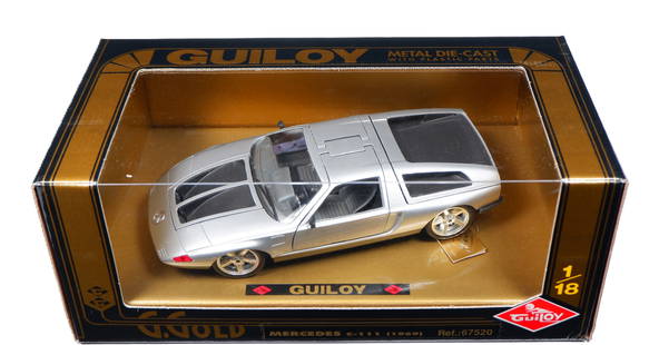 MERCEDES-BENZ: A 1:18 scale GUILOY MERCEDES C-111 (REF.67520). Silver: MERCEDES-BENZ: A 1:18 scale GUILOY MERCEDES C-111 (REF.67520), silver, dark grey interior, opening features, steerable wheels, engine detail, with attached 'GUILOY' tag; housed in original display box