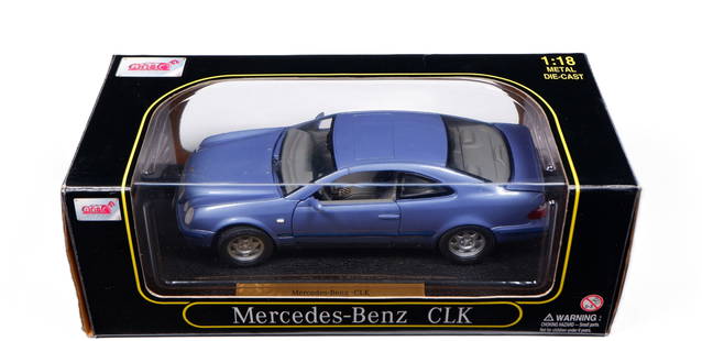 MERCEDES-BENZ: An ANSON 1:18 scale Mercedes-Benz CLK. Mauve: MERCEDES-BENZ: An ANSON 1:18 scale Mercedes-Benz CLK, mauve, dark grey interior, opening features, engine detail, steerable wheels; model attached to black display stand with descriptive plaque, house