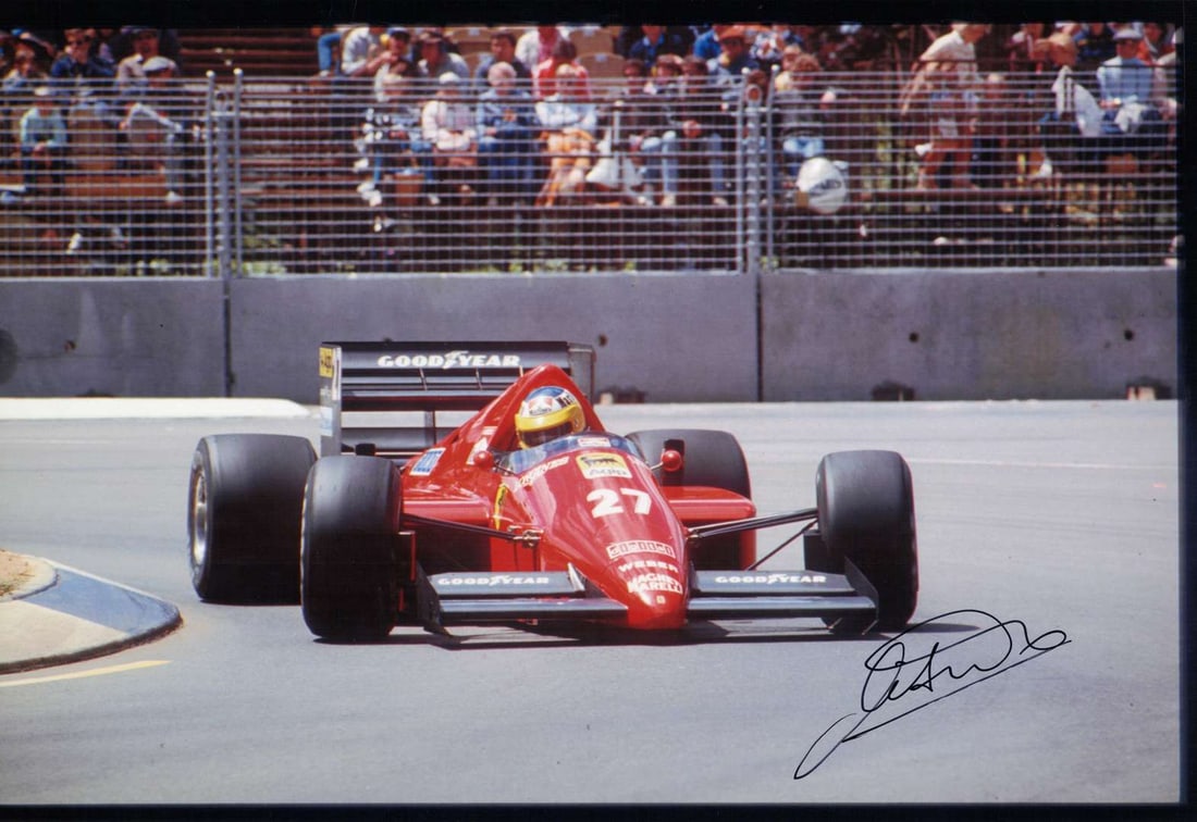 ALBORETO: Image of M.Alboreto racing a Ferrari 156/85 at the Australian GP. Alboreto signature: ALBORETO: A superb colour picture of Michele Alboreto racing a Ferrari 156/85 at the Australian Grand Prix, Adelaide, picture signed by Michele Alboreto; picture measures approximately 30cm wide, 20.5